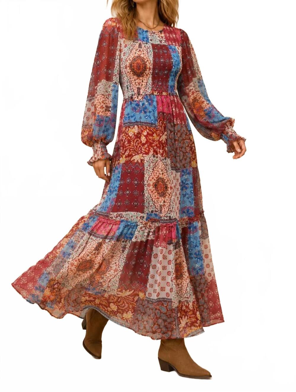NEW J.NNA patchwork dreams smocked maxi dress in blue burg multi
